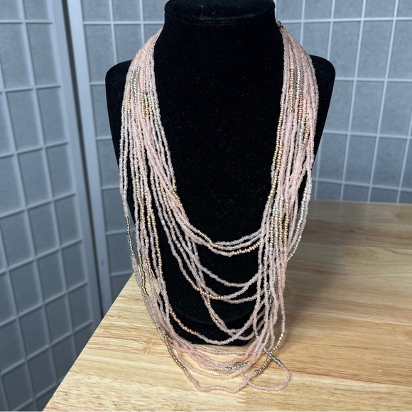 Express Jewelry - Express Pink and Gold Multi-Strand Necklace Beaded Statement Jewelry Layering